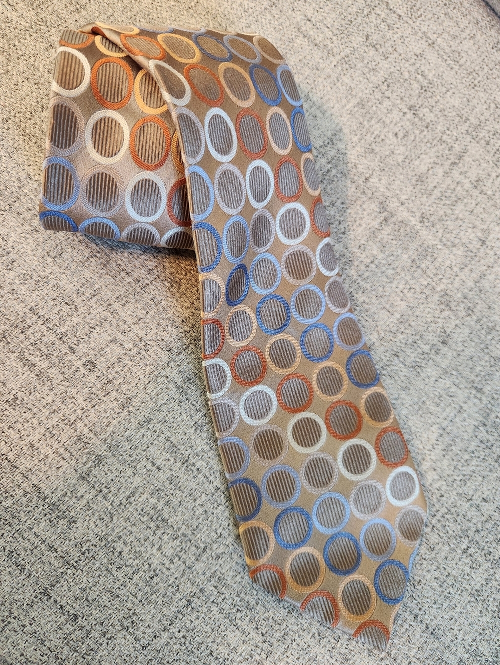 Michael Kors Men's Brown Blue Orange Silk Woven Tie Geometric Pattern Classic